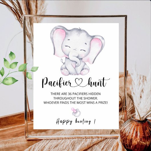 Roze olifant Pacifier Hunt Baby shower Game Poster
