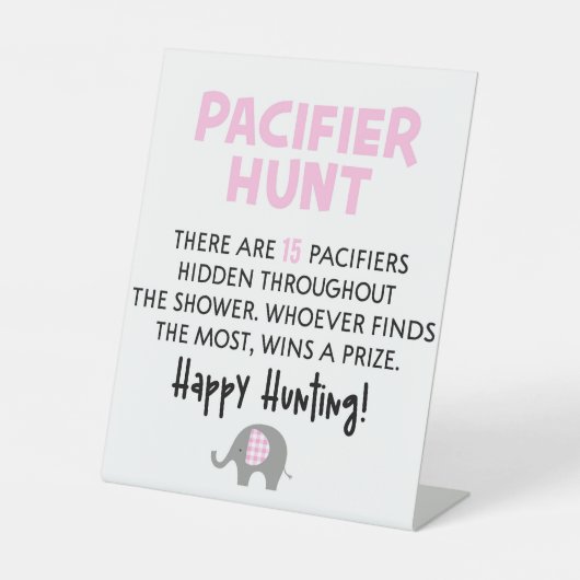 Roze olifant Pacifier Hunt Baby shower Game Sign Reclamebord Met Voetstuk (Voorkant)