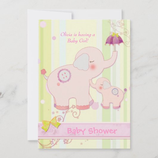 Roze Olifant Paraplu Baby Meisje Douche Kaart (Voorkant)