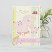 Roze Olifant Paraplu Baby Meisje Douche Kaart (Staand voorkant)