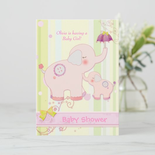 Roze Olifant Paraplu Baby Meisje Douche Kaart (Staand voorkant)
