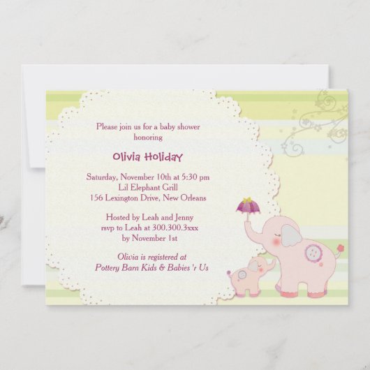 Roze Olifant Paraplu Baby Meisje Douche Kaart (Achterkant)