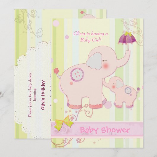 Roze Olifant Paraplu Baby Meisje Douche Kaart (Voorkant / Achterkant)