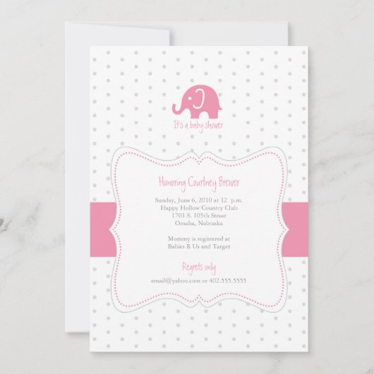 Roze olifant Polkadot Baby shower Uitnodiging (Voorkant)