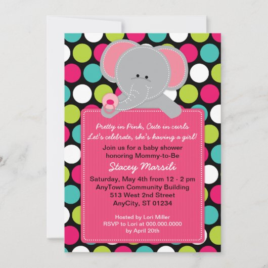 Roze olifant Polkadot Baby shower Uitnodiging (Voorkant)