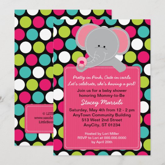 Roze olifant Polkadot Baby shower Uitnodiging (Voorkant / Achterkant)