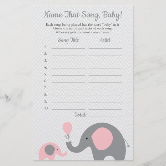 Roze olifant raad het Baby Song Baby shower Game Flyer (Voorkant)