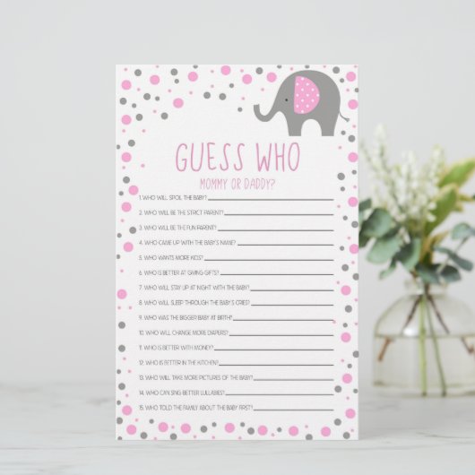 Roze olifant raad wie Baby shower is Briefpapier (Staand voorkant)