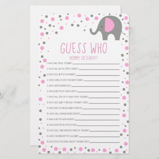 Roze olifant raad wie Baby shower is Briefpapier (Voorkant / Achterkant)
