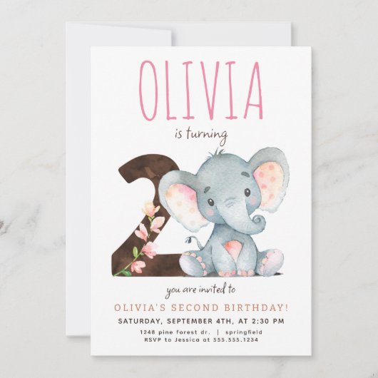 Roze Olifant Tweede Verjaardag uitnodiging (Voorkant)