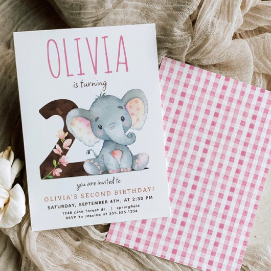 Roze Olifant Tweede Verjaardag uitnodiging