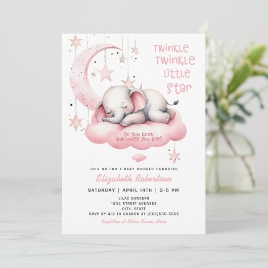 Roze Olifant Twinkle Little Star Meisje Baby Showe Kaart (Staand voorkant)