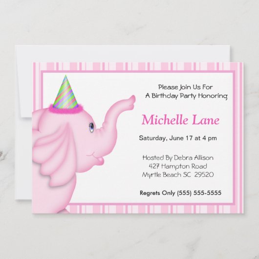 Roze Olifant Verjaardag Uitnodigen voor Meisjes Kaart (Voorkant)