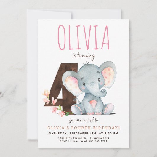 Roze Olifant Vierde Verjaardag uitnodiging (Voorkant)