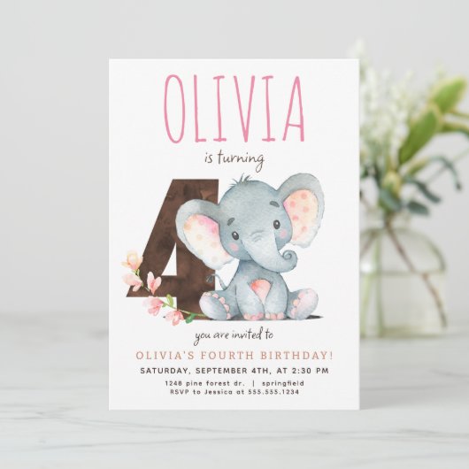 Roze Olifant Vierde Verjaardag uitnodiging (Staand voorkant)