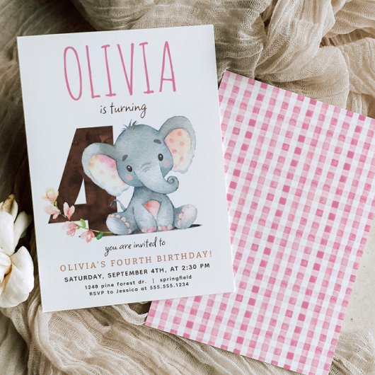 Roze Olifant Vierde Verjaardag uitnodiging