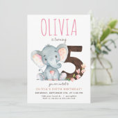 Roze Olifant Vijfde Verjaardag uitnodiging (Staand voorkant)