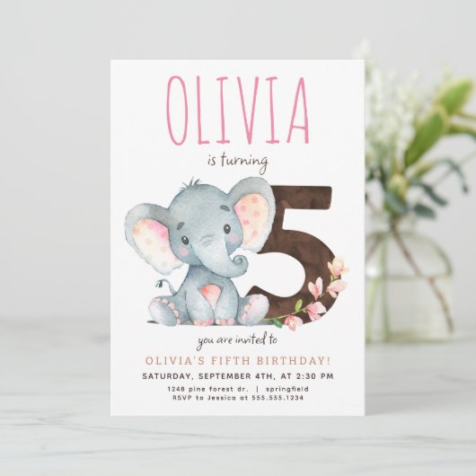 Roze Olifant Vijfde Verjaardag uitnodiging (Staand voorkant)