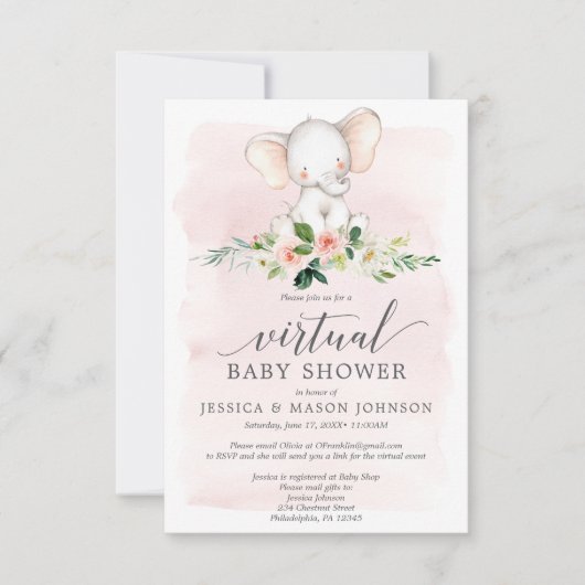 Roze Olifant Virtual Baby shower Invitation Kaart (Voorkant)