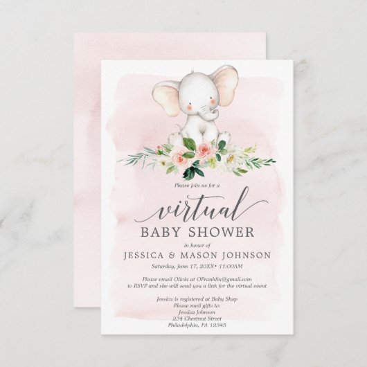 Roze Olifant Virtual Baby shower Invitation Kaart (Voorkant / Achterkant)