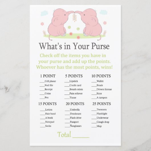 Roze olifant Wat zit er in je handtas? (Voorkant)