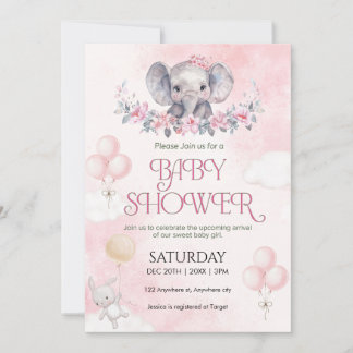 Roze Olifant Waterverf Baby Shower voor Meisje Kaart