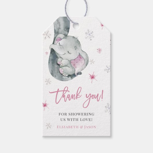 Roze olifant Winter Girl Baby shower Dank je wel Cadeaulabel (Voorkant)