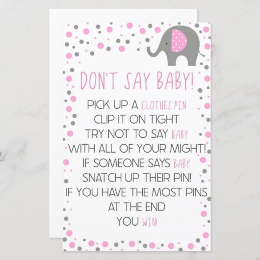 Roze olifant Zeg geen Baby shower spel (Voorkant / Achterkant)