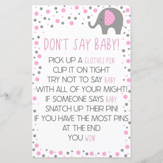 Roze olifant Zeg geen Baby shower spel (Voorkant)