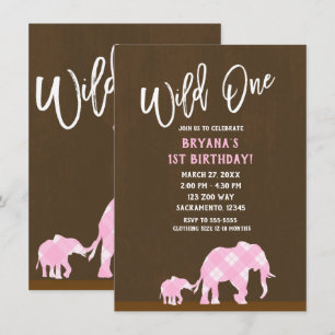 Roze Olifanten Bruin Modern WILD ONE 1e Verjaardag Kaart