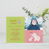 Roze olifanten foto verjaardagsfeestje kaart (Staand voorkant)