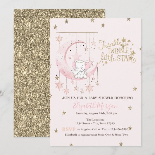 Roze olifantenmaan, Twinkle Star Baby shower Kaart (Voorkant / Achterkant)