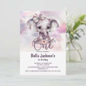 Roze olifantenmeisje 1e verjaardag kaart (Staand voorkant)