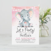 Roze olifantenmeisje verjaardagsfeestje uitnodigin kaart (Staand voorkant)