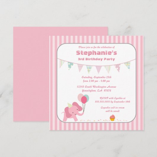 Roze olifantenstrepen verjaardagsuitnodiging kaart (Voorkant / Achterkant)