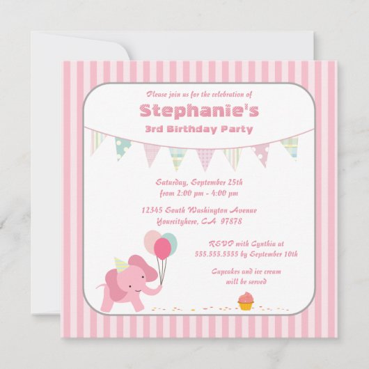 Roze olifantenstrepen verjaardagsuitnodiging kaart (Voorkant)