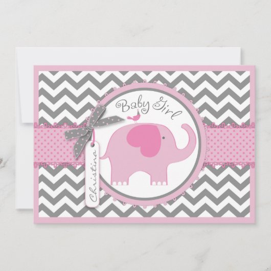 Roze olifantenvogel en Chevron Print Baby shower Kaart (Voorkant)