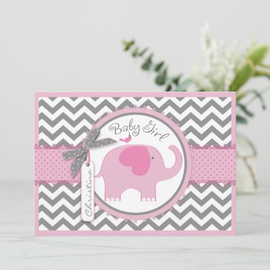Roze olifantenvogel en Chevron Print Baby shower Kaart (Staand voorkant)