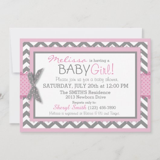 Roze olifantenvogel en Chevron Print Baby shower Kaart (Achterkant)