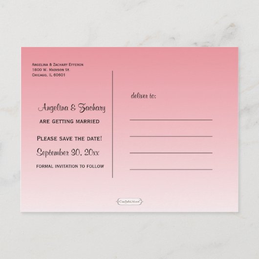 Roze Ombre Bewaar de datum Trouwpost Kaart (Achterkant)