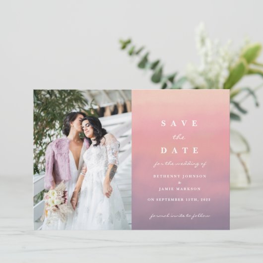 Roze Ombre Boho minimalist slaat de datum op Bedankkaart (Staand voorkant)