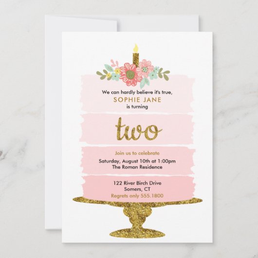 Roze ombre Cake 2de verjaardag glitter Twee Kaart (Voorkant)