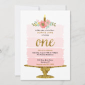 Roze ombre Cake First Birthday Glitter Invitation Kaart (Voorkant)