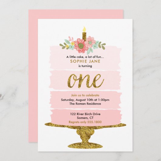 Roze ombre Cake First Birthday Glitter Invitation Kaart (Voorkant / Achterkant)
