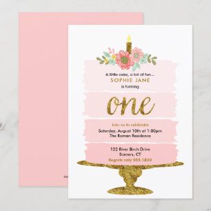 Roze ombre Cake First Birthday Glitter Invitation Kaart