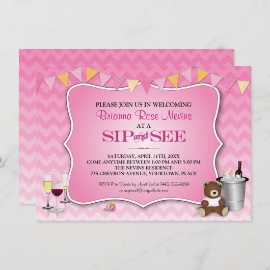 Roze Ombre Chevron Baby Sip en Zie Kaart (Voorkant / Achterkant)