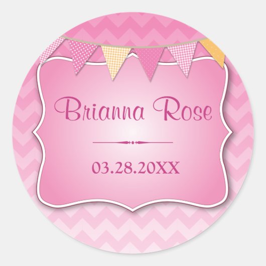 Roze Ombre Chevron Naam Baby Ronde Sticker (Voorkant)