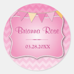 Roze Ombre Chevron Naam Baby Ronde Sticker