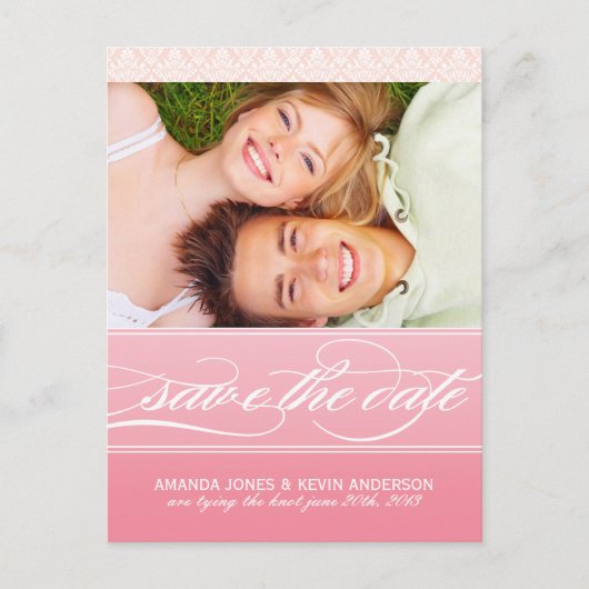 Roze Ombre Damask Save the Date Fotokaarten Aankondigingskaart (Voorkant)