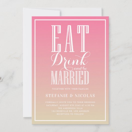 Roze Ombre Eet, Drink en wees getrouwd Bruiloft Kaart (Voorkant)